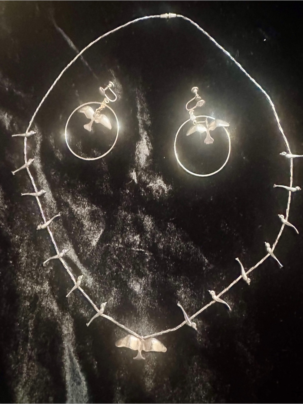 925 Silver Zuni Bird Hoop Earrings and Branch Necklace Set - Silver